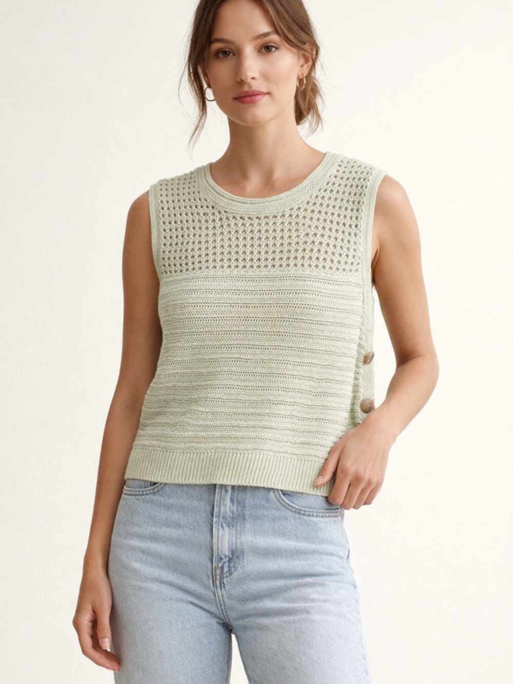 Banana Republic Sage Green Crochet Cotton Knit Vest 3 Button Side Top M